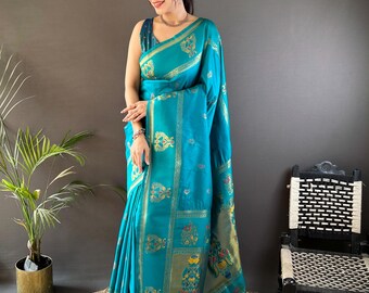 Op Kanjivaram geïnspireerde hemelsblauwe zijde Zuid-Indiase sari, Moederdagcadeau, cadeaus voor haar