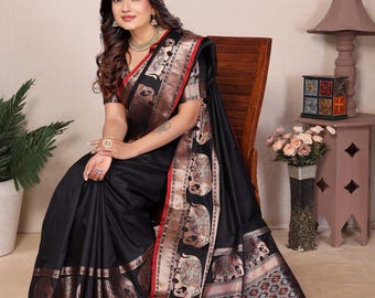 Black Kalamkari Silk Saree, Elephant Zari Border, Indian Wedding Wear Saree, Mothers Day Presents