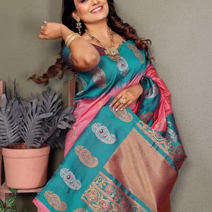 Beautiful Blue Bordered Pink Traditional Indian Saree With Two Tone Effect Blouse | Customizable | Worldwide Shipping