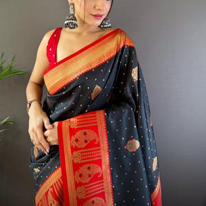 Black Banarasi Soft Silk Saree With Contrast Weaving Golden Zari Border - Ready To Wear Saree With Stitched Blouse