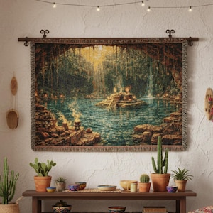 May include: A cozy living room scene featuring a large tapestry depicting a serene waterscape with a temple. The room includes a wooden bench with potted cacti, patterned ottomans, and a rug. String lights and a window with sheer curtains add to the ambiance.