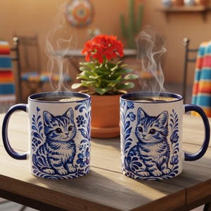 May include: Two white ceramic mugs with blue cat illustrations and blue handles sit on a wooden table. The mugs are filled with hot coffee, and steam rises from them. A red flower pot and colorful blankets are in the background.