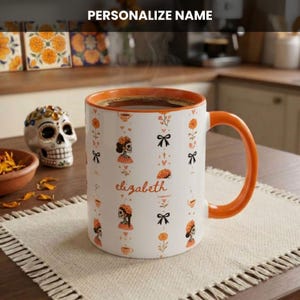 Catrina Mug Personalized, Dia de Muertos Coffee Cup, Custom Name Tazas, Mexican Folk Art Calavera Gift, Sugar Skull Ofrenda Decor