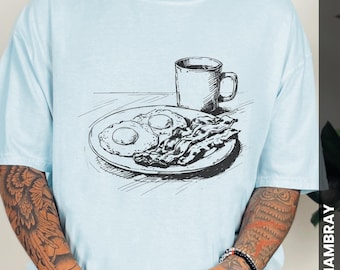Camiseta con boceto de desayuno, camiseta con tocino y huevos, regalo para amantes del café, camiseta estética de restaurante, camiseta acogedora de cafetería, camiseta de domingo por la mañana