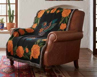 Mexican Folk Art Woven Blanket, Alebrije Hummingbird Throw, Latina Home Decor, Boho Couch Bedding