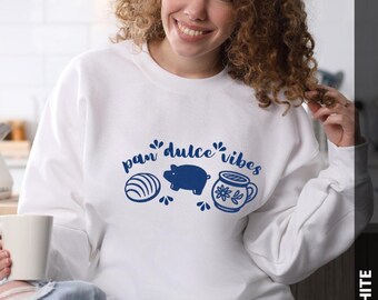 Suéter de cuello redondo con vibraciones de Pan Dulce, suéter de pan dulce mexicano, suéter acogedor de Cafecito, suéter de Concha, suéter latino, regalo lindo para amantes de la comida
