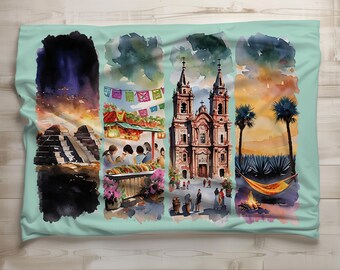 Mexico Watercolor Velveteen Microfiber Blanket, Mexican Travel Art, Colorful Cultural Illustration, Vibrant Mexico Gift, Cozy Couch Decor
