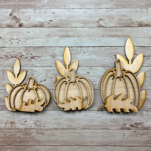 2-layer Pumpkin, wheat stalk & oak leaf, (Set of 3),  DIY, Wood cutout, ready to finish, 3 designs
