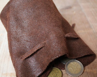 Unieke stukken: leren tas - portemonnee - munttas - tabakstas in donkerbruin - als zak voor geld, blokjes, knikkers, etc. gemaakt van anti-leer