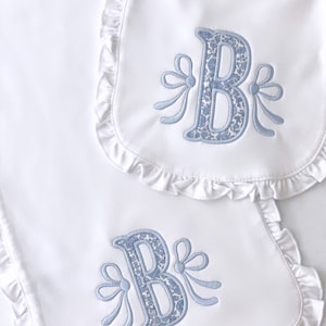 Monogramed Bib and Burp Cloth,  Baby Girl Appliquéd Bib and Burp Cloth with Liberty Fabric