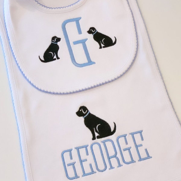 Black Lab Bib and Burp Cloth Puppy Themed Baby Burp Cloth and Bib