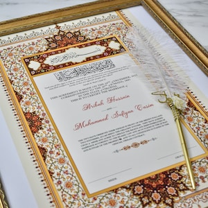 Gedruckte Nikkah-Urkunde, Islamischer Hochzeitsvertrag, Nikkah Nama, Muslimische Heiratsurkunde, Personalisierte Namen