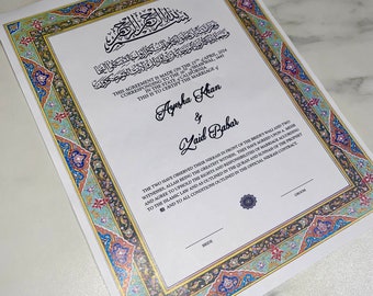 Printed Nikkah Certificate, Islamic Wedding Contract, Nikkah Nama, Muslim Marriage Certificate, Personalised Names