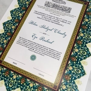 Gedruckte Nikkah-Urkunde, Islamischer Hochzeitsvertrag, Nikkah Nama, Muslimische Heiratsurkunde, Personalisierte Namen