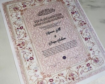 Printed Nikkah Certificate, Islamic Wedding Contract, Nikkah Nama, Muslim Marriage Certificate, Personalised Names