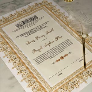 Gedruckte Nikkah-Urkunde, Islamischer Hochzeitsvertrag, Nikkah Nama, Muslimische Heiratsurkunde, Personalisierte Namen