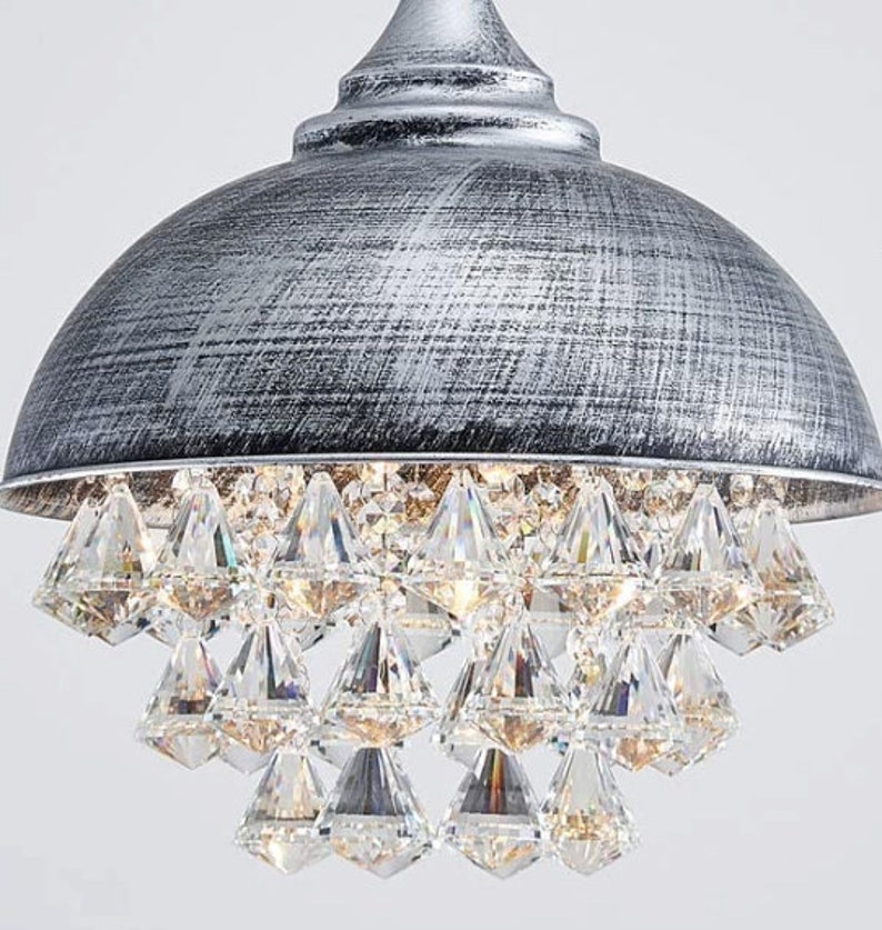 Industrial Crystal Pendant Light Metal Shade With Crystal Etsy
