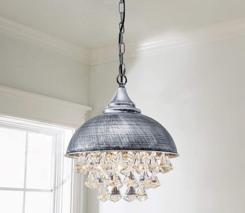 Industrial Crystal Pendant Light Metal Shade With Crystal Etsy