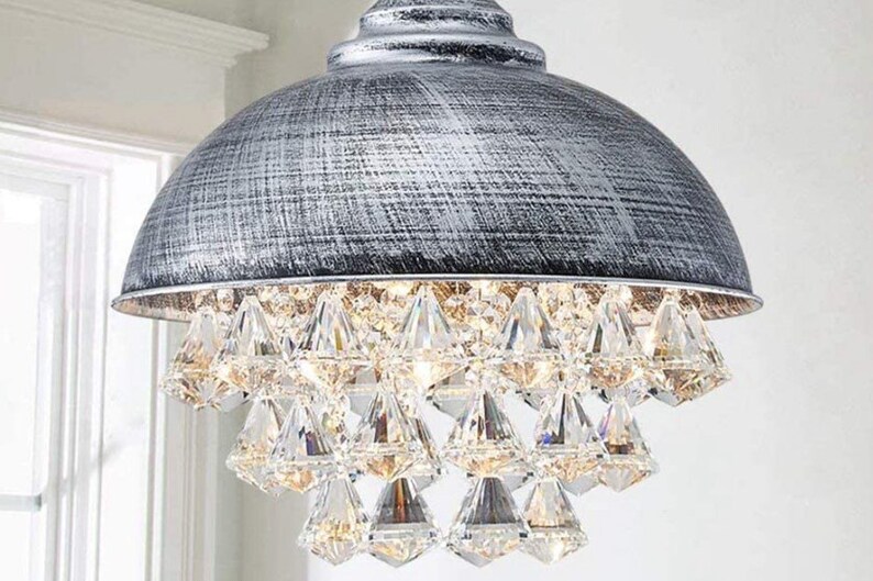 Industrial Crystal Pendant Light Metal Shade With Crystal Etsy