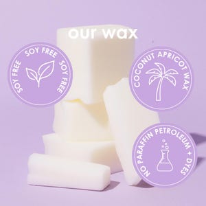 May include: White wax blocks stacked on a light purple background. The image includes three circular labels: "SOY FREE" with a leaf design, "COCONUT APRICOT WAX" with a palm tree, and "NO PARAFFIN PETROLEUM + DYES". The text "our wax" is at the top.