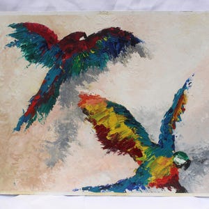 Textured Oil Painting: Two Parrots on Canvas Board