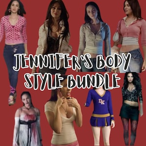 May include: A collage of images featuring outfits from the movie "Jennifer's Body." The text "Jennifer's Body Style Bundle" is displayed in a white font. The outfits include a pink cardigan, a blue and gold cheerleader uniform, and a leopard print top.