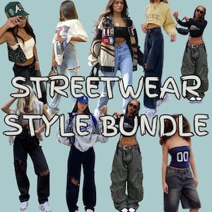 May include: A collage of nine images showcasing different streetwear styles. The images feature individuals wearing a variety of clothing items, including jeans, jackets, shirts, and accessories. The text "STREETWEAR STYLE BUNDLE" is displayed in the center of the collage.