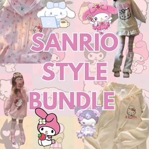 Op de afbeelding: Een roze en witte Sanrio-stijlbundel met hoodies, een pluche speelgoed en een personageontwerp. De tekst "Sanrio Style Bundle" staat in roze letters.