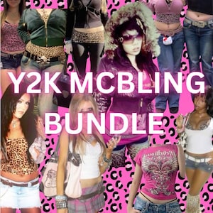 May include: A collage of images featuring women wearing Y2K fashion, including leopard print tops, denim skirts, and pink shirts with rhinestones. The text "Y2K MCBLING BUNDLE" is superimposed on the image.