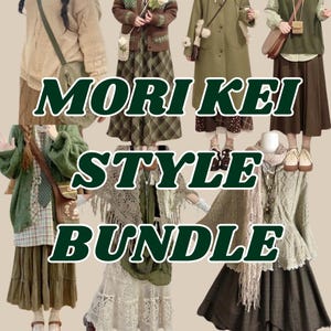 May include: Five women wearing different Mori Kei style outfits. The outfits are all in shades of green and brown and feature a variety of textures, including lace, crochet, and plaid. The women are all wearing skirts, cardigans, and sweaters. The text "Mori Kei Style Bundle" is superimposed on the image.