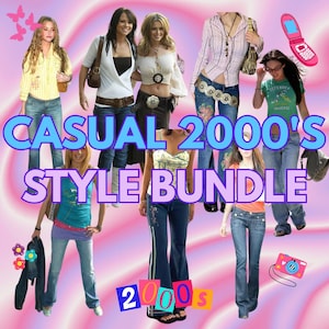 Puede incluir: Un collage de imágenes que muestran el estilo casual de los años 2000. La imagen presenta varios conjuntos, incluyendo vaqueros, tops y accesorios, con el texto "CASUAL 2000'S STYLE BUNDLE" y "2000s" en el centro.