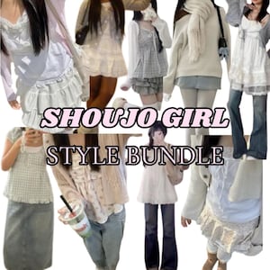May include: A collection of outfits in the style of Shoujo Girl. The image features various tops, skirts, and pants in light colors. The text "SHOUJO GIRL STYLE BUNDLE" is displayed in a pink and black font.
