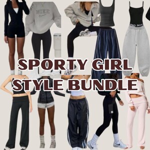 Op de afbeelding: Een collage van sportieve outfits, waaronder een zwart trainingspak, een grijze Nike-trui, zwarte leggings en trainingsbroeken. De tekst "SPORTY GIRL STYLE BUNDLE" is in bruine letters weergegeven.