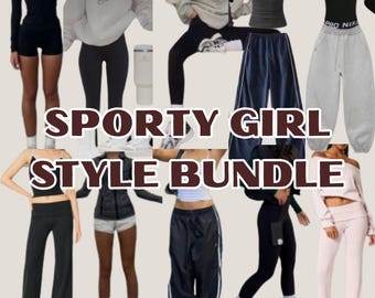 May include: A collage of sporty outfits, including a black tracksuit, gray Nike sweatshirt, black leggings, and track pants. The text "SPORTY GIRL STYLE BUNDLE" is displayed in a brown font.