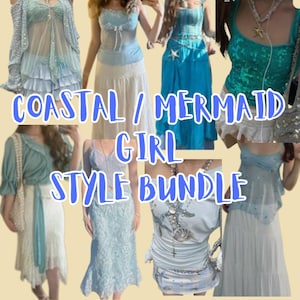 May include: A collection of coastal and mermaid-themed outfits in shades of blue, white, and teal. The image features various tops, skirts, and dresses, with some items adorned with lace, sequins, and seashell-inspired embellishments. Text on the image reads "COASTAL / MERMAID GIRL STYLE BUNDLE."
