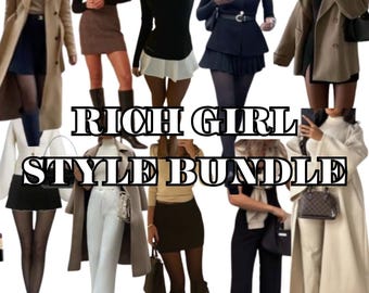 May include: A collage of various outfits, including coats, skirts, and pants, in neutral tones. The image features the text "RICH GIRL STYLE BUNDLE" in a bold, stylized font, suggesting a curated fashion collection or style guide.
