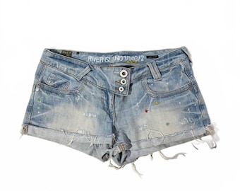 Minishorts vaqueros de tiro bajo de River Island - estilo vintage Y2K McBling de los años 2000 - talla 12