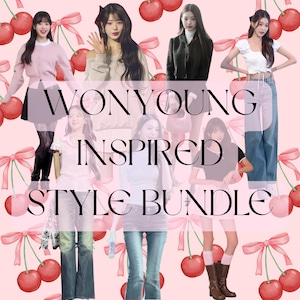 Op de afbeelding: Een collage van diverse outfits met een persoon met lang donker haar, waaronder truien, blouses, jeans en rokken, tegen een lichtroze achtergrond met illustraties van rode kersen en roze strikken. De tekst WONYOUNG INSPIRED STYLE BUNDLE staat in het midden.