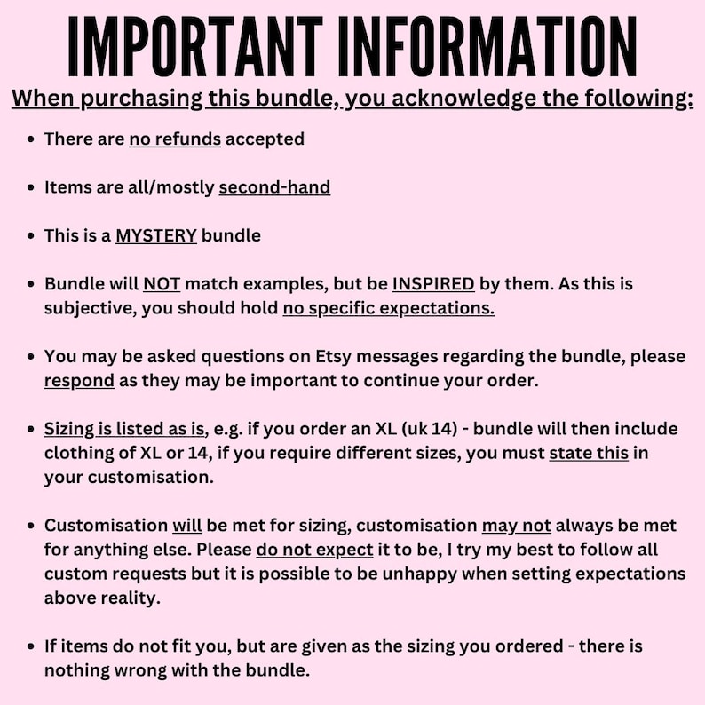 Pode incluir: Um fundo rosa com texto preto que diz "INFORMA&Ccedil;&Otilde;ES IMPORTANTES". O texto lista detalhes sobre um pacote misterioso, incluindo sem reembolso, itens de segunda m&atilde;o e informa&ccedil;&otilde;es de tamanho. O texto est&aacute; em uma fonte sem serifa.