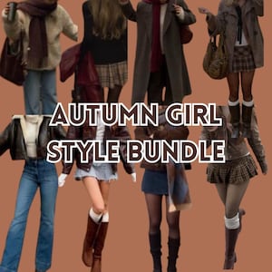 Op de afbeelding: Een collage van herfstoutfits, waaronder jassen, rokken en jeans. De tekst "AUTUMN GIRL STYLE BUNDLE" staat in het wit afgebeeld. De outfits bevatten een verscheidenheid aan kleuren, waaronder bruin, zwart en blauw.