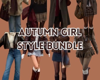 May include: A collage of autumn outfits, including jackets, skirts, and jeans. The text "AUTUMN GIRL STYLE BUNDLE" is displayed in white. The outfits feature a variety of colors, including brown, black, and blue.