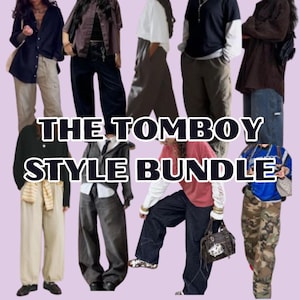 May include: A collection of outfits in the tomboy style, featuring various combinations of shirts, jackets, and pants. The outfits include a range of colors, from dark navy to beige and camo, with the text "THE TOMBOY STYLE BUNDLE".