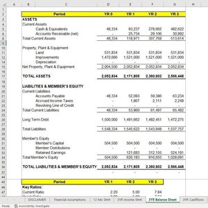 May include: A spreadsheet showing a 3-year balance sheet for a business. The spreadsheet includes columns for year 0, year 1, year 2, and year 3. The rows include assets, liabilities, and member's equity. The spreadsheet also includes key ratios, such as the current ratio.