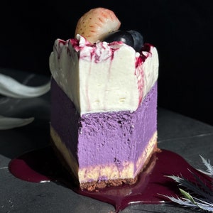 Layered Ube & White Chocolate Cheesecake Recipe PDF – Chocolate Crust, Blueberry Curd, Printable Baked Dessert
