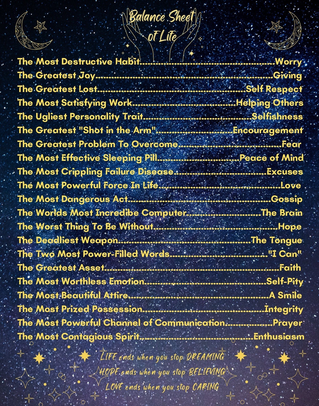 BALANCE Sheet of LIFE, Universe Background With MOON and Stars, Digital