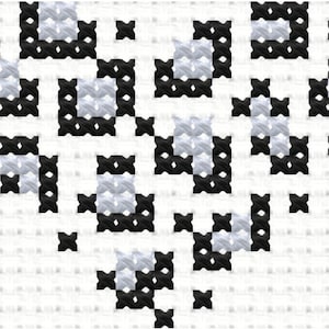 Puede incluir: Primer plano de un patrón de punto de cruz con un diseño repetitivo de formas geométricas en blanco y negro. El patrón está sobre un fondo blanco, creando un efecto visual de alto contraste. La textura del punto de cruz es visible.