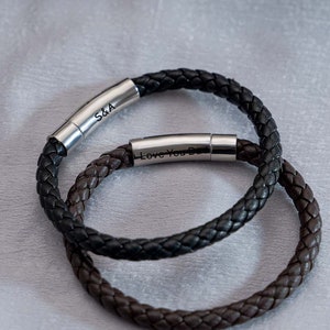 Engraved Leather Bracelet for Dad,Personalised Leather Bracelet,Hidden Message Black Brown Bracelet,Custom Mens Bracelet,Birthday Gift image 1