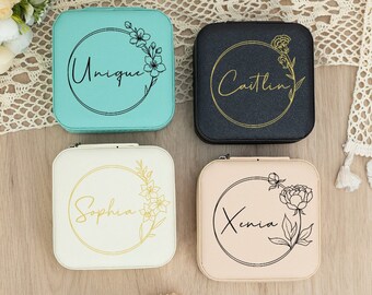 Personalised Jewellery Box,Birth Flower Jewellery Travel Box,Custom Leather Jewellery Box,Maid of Honor Gift,Bridesmaid Gifts,Birthday Gift