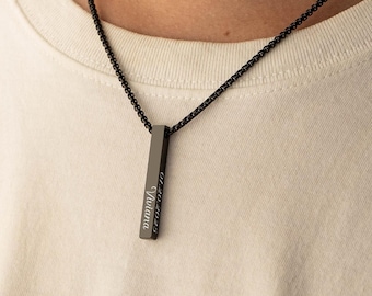 Men's Personalised Bar Necklace,Custom Engraved Name Necklace for Him,3D Bar Pendant Jewelry,Birthday Gift for Dad Husband,Christmas Gifts