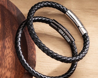 Personalised Men's Leather Bracelet, Custom Hidden Message Bracelet for Him, Engraved Birthday Gift for Husbad Dad, Father's Day Gifts
